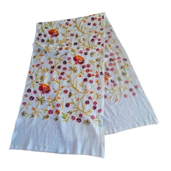 Boho Embroidered Wool Scarf Colorful Floral Cream Raw Edges Large 70 Long x 20 - Picture 8 of 12